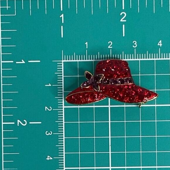 Vintage Rhinestone Red Hat Brooch Pin With Purple Flower Accent - Picture 6 of 6
